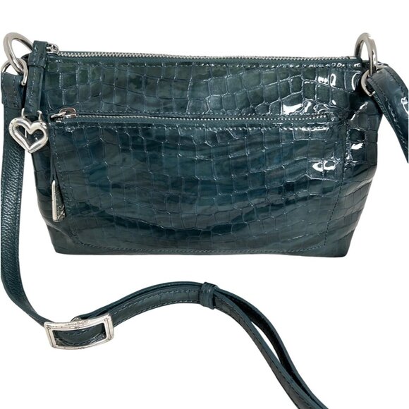 BRIGHTON Green Patent Leather Croc-Embossed Crossbody Bag W/Heart Charm - Picture 1 of 10